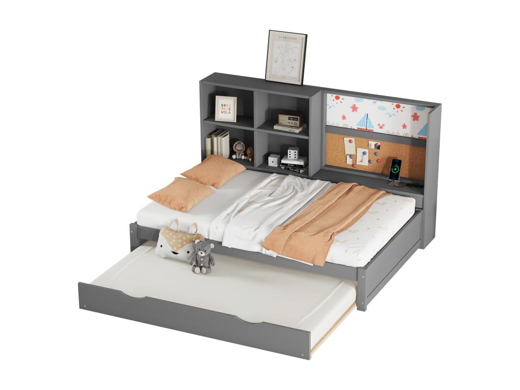 Grey sofa bed 90 x 200cm with pull-out bed, USB charging port, multiple storage compartments NQMH48206