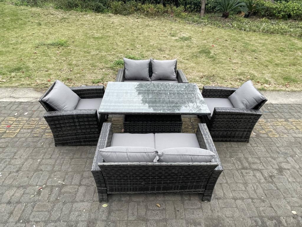 Rattan garden furniture set with height-adjustable dining table and 6-seater armchair BMWH13896