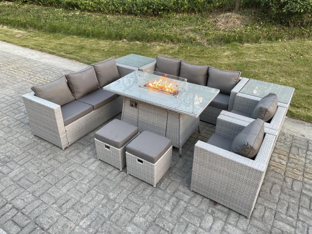 Rattan garden furniture set including gas fire pit table, sofa with 2 armchairs, 2 side tables, and 2 small stools (GJJH82931)