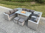 Rattan garden furniture set including gas fire pit table, sofa with 2 armchairs, 2 side tables, and 2 small stools (GJJH82931)