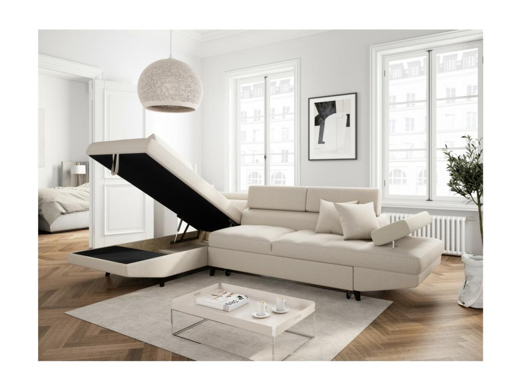 Lysvia Scandinavian Left-Hand Corner Sofa Bed with Storage, Fabric Upholstery - Beige, Black Legs - W271 x D192 x H70cm - Lysvia YRMH43144