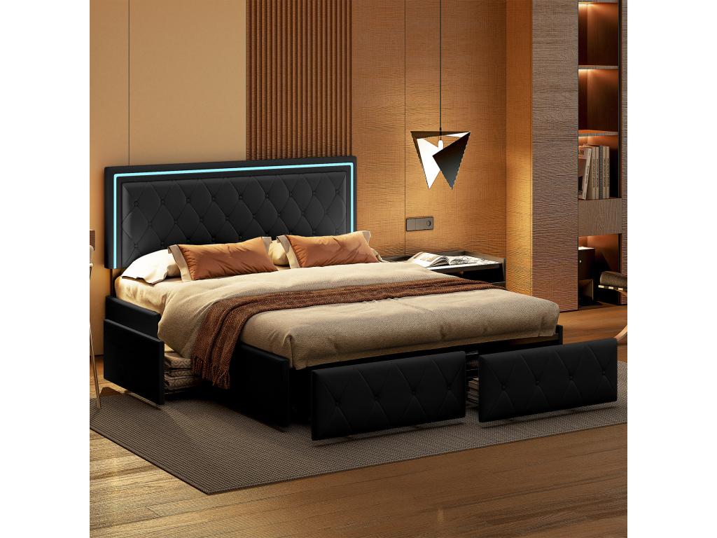 Double bed 140x200cm with LED and 4 drawers - faux leather fabric - with
