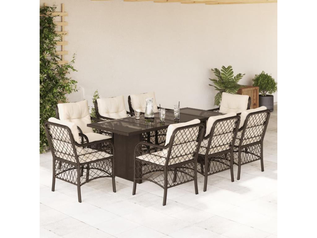 9-piece brown poly rattan garden dining set and cushions RNXI13278
