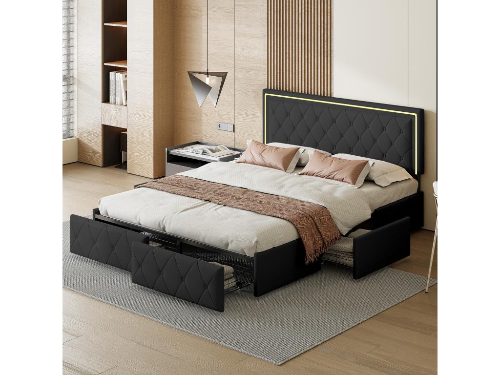 Double bed 140x200cm with LED and 4 drawers - faux leather fabric - with