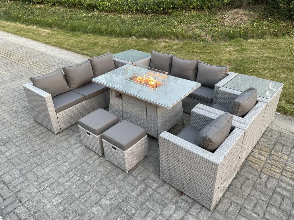 Rattan garden furniture set including gas fire pit table, sofa with 2 armchairs, 2 side tables, and 2 small stools (GJJH82931)