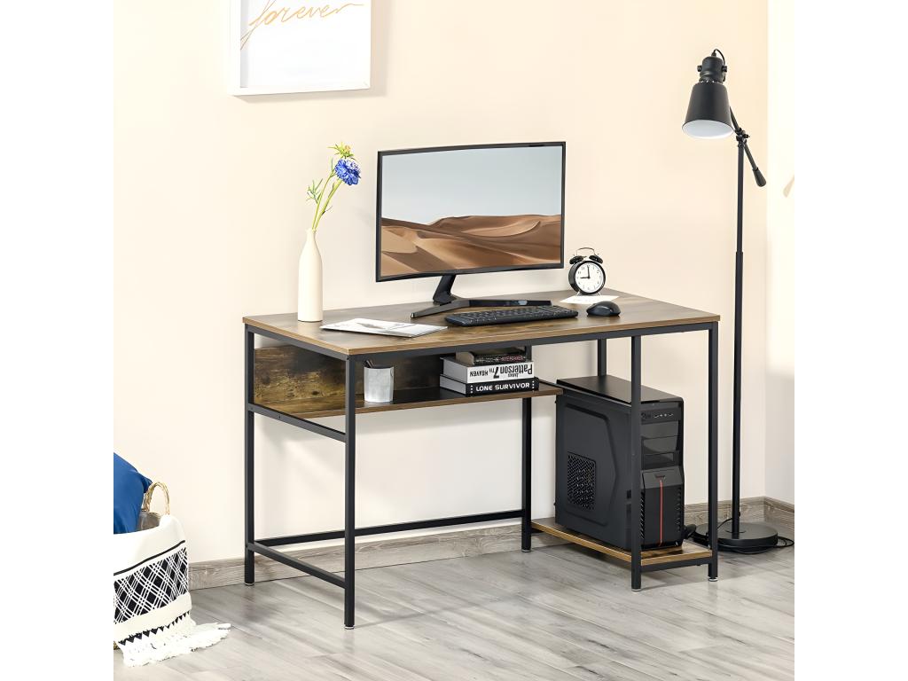 Lysvia Desk with Shelf - Industrial Style Metal Frame, Rustic Vintage Brown and Black - Lysvia WPNJ74373