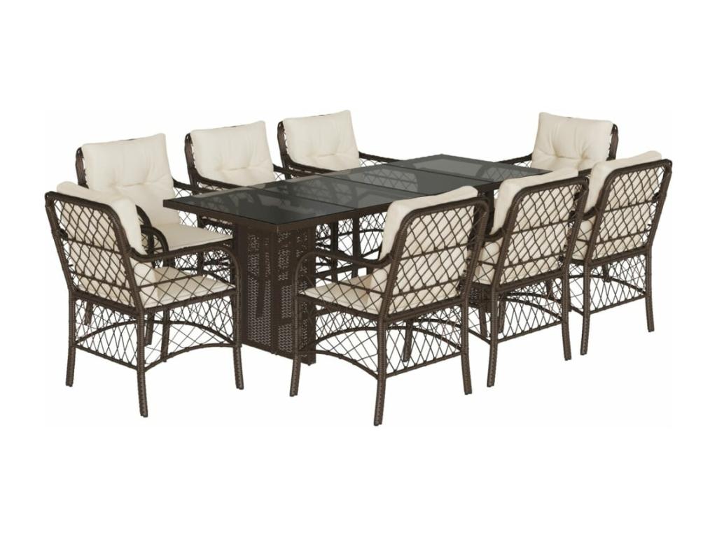 9-piece brown poly rattan garden dining set and cushions RNXI13278