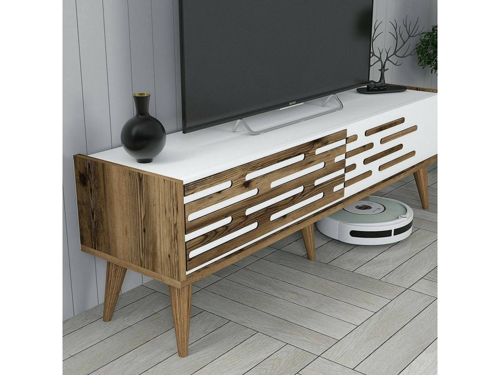 Dormeva TV Stand, Living Room Sideboard, Low TV Cabinet, Wall-Mounted Storage Base, 140x45x35 cm, Walnut and White, QZEI87736