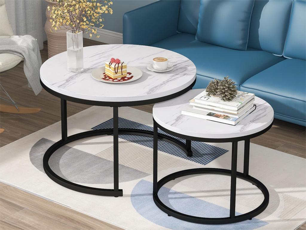 Set of 2 nesting coffee tables - industrial style - marble effect - White UAYZ57172