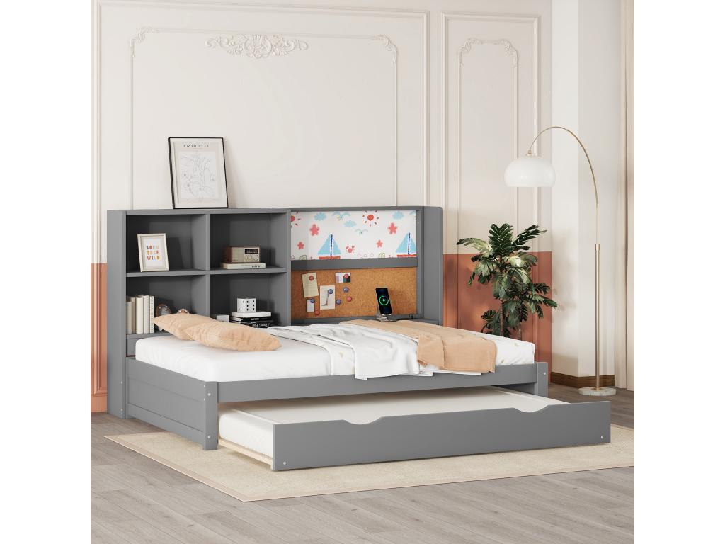 Grey sofa bed 90 x 200cm with pull-out bed, USB charging port, multiple storage compartments NQMH48206