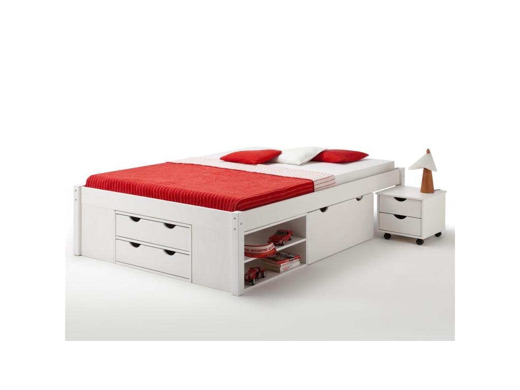 Dormeva functional double bed for children or adults in solid white pine with 2 bedside tables and 4 storage drawers YHAE11423