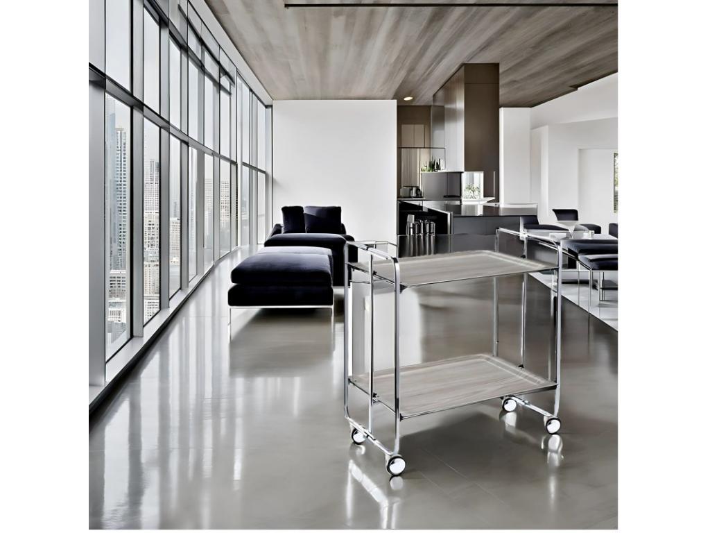 Lysvia folding rolling table with 2 shelves and chrome frame BORL06274