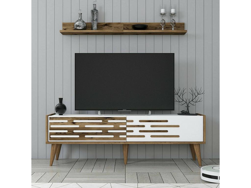 Dormeva TV Stand, Living Room Sideboard, Low TV Cabinet, Wall-Mounted Storage Base, 140x45x35 cm, Walnut and White, QZEI87736