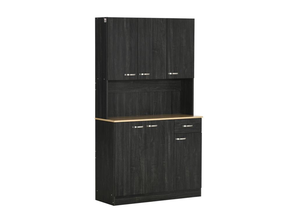 Contemporary multi-storage kitchen cabinet with 6 doors, 1 drawer, and large top, dimensions 101L x 39W x 180H cm, black wood particleboard, PGBX90176