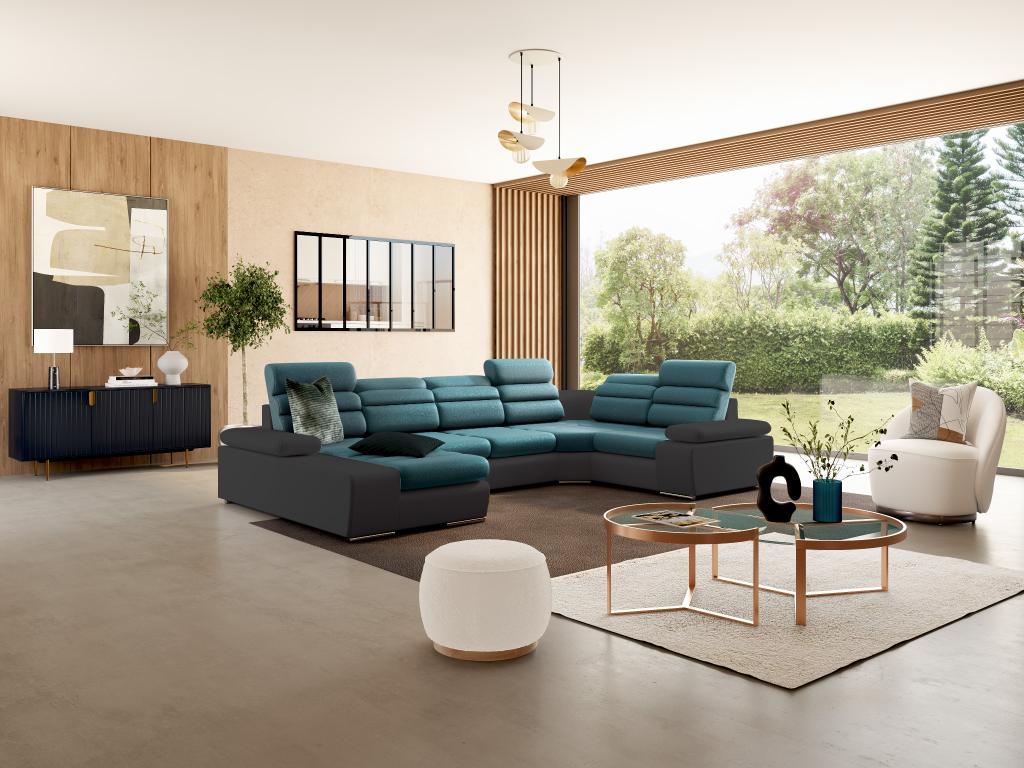 Dormeva panoramic corner sofa bed in fabric and faux leather - Two-tone turquoise/anthracite - Left-hand corner KZIQ96971