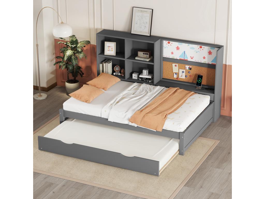 Grey sofa bed 90 x 200cm with pull-out bed, USB charging port, multiple storage compartments NQMH48206