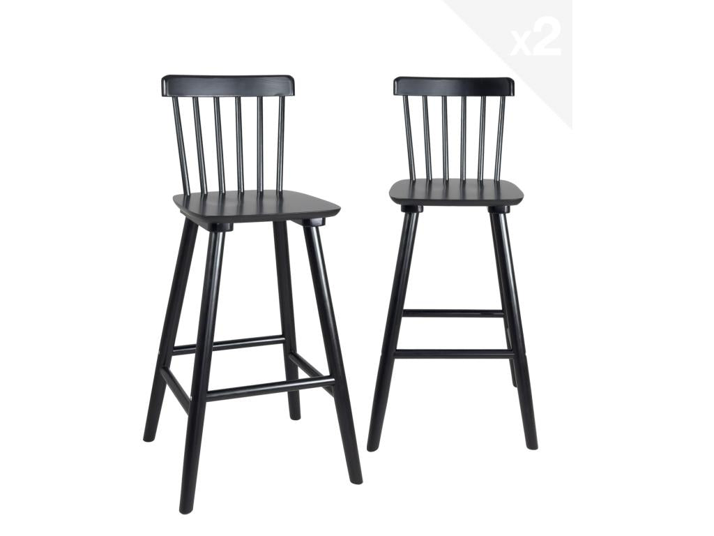 Set of 2 retro vintage solid wood bar stools with slatted backrest, 66cm high, ATIA Black LUZF07053