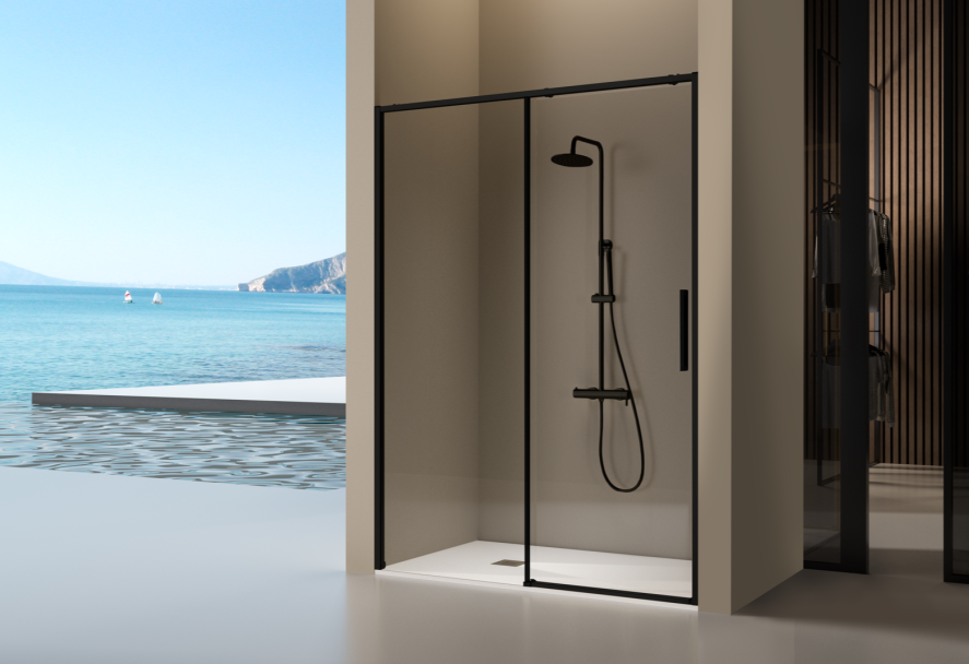 Dormeva fixed shower screen with sliding door, matte black, 148-150.6 cm, ZFNL15564