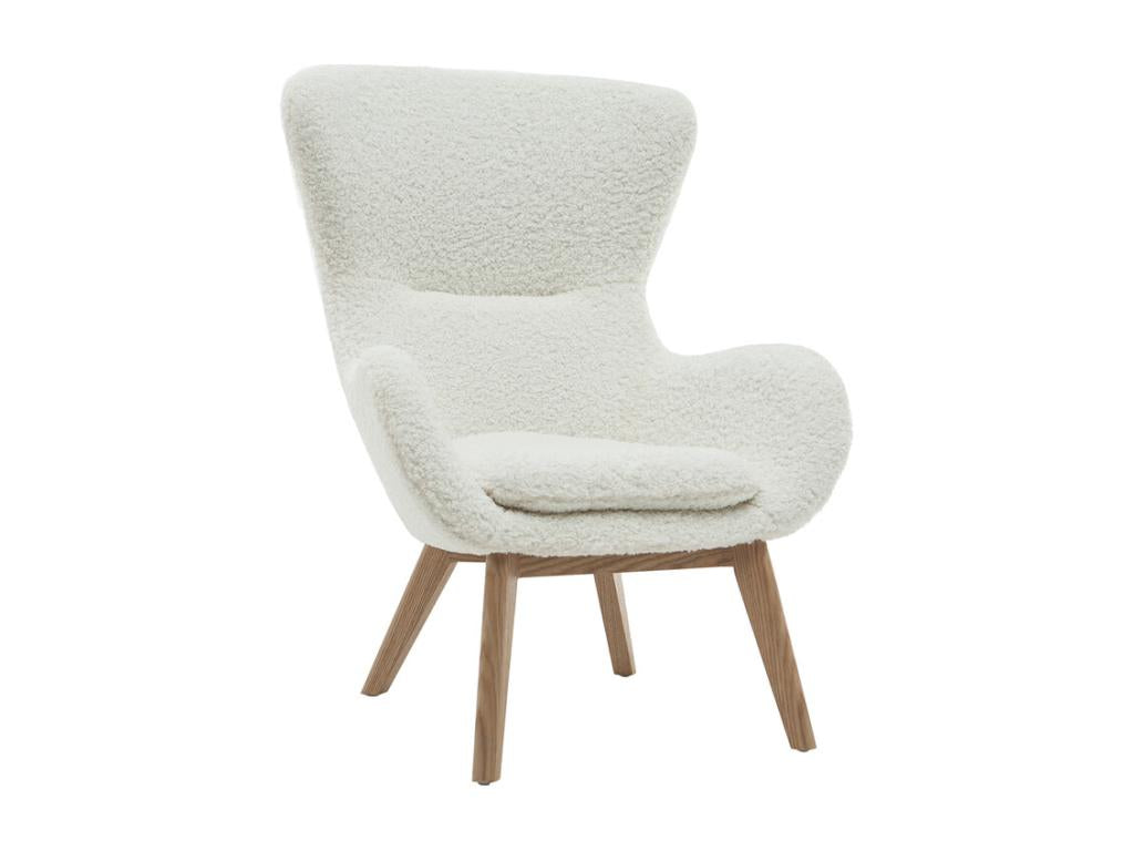 Scandinavian armchair in white sheepskin-effect fabric and light wood Lysvia DSVL40073