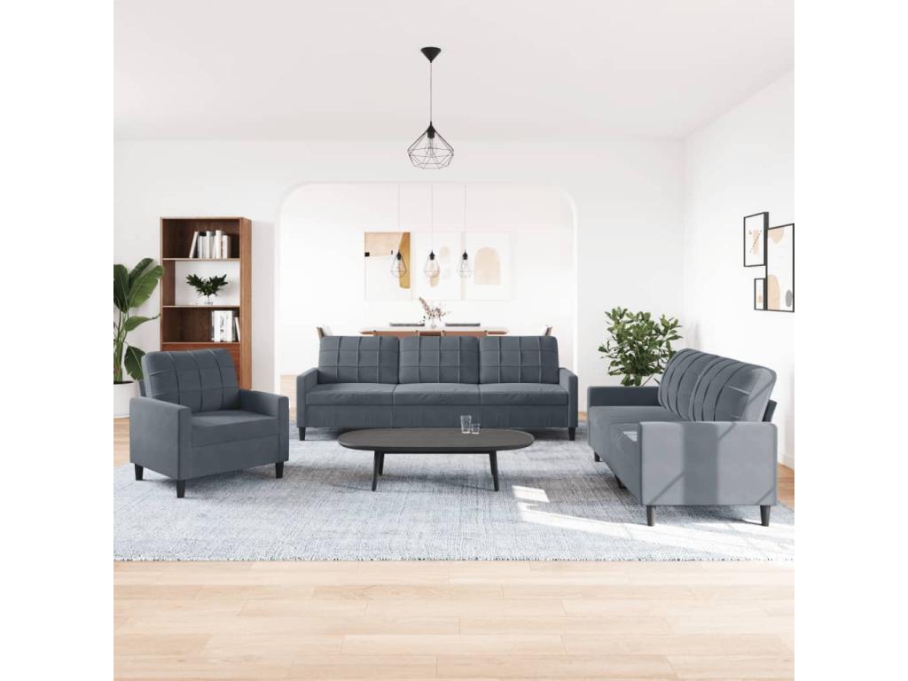 3-piece sofa set with cushions, dark grey velvet, ETIH79804