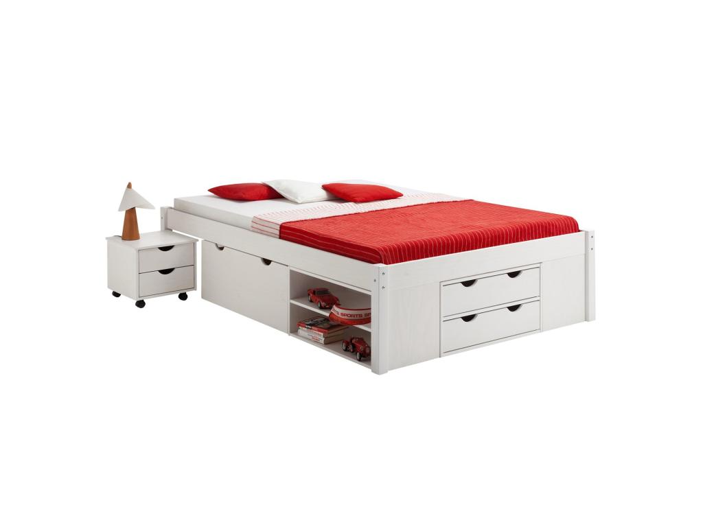 Dormeva functional double bed for children or adults in solid white pine with 2 bedside tables and 4 storage drawers YHAE11423