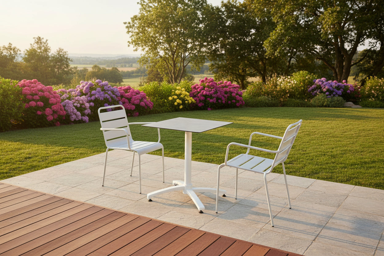 Concrete laminate patio table and 2 white armchairs set ZNEV12668