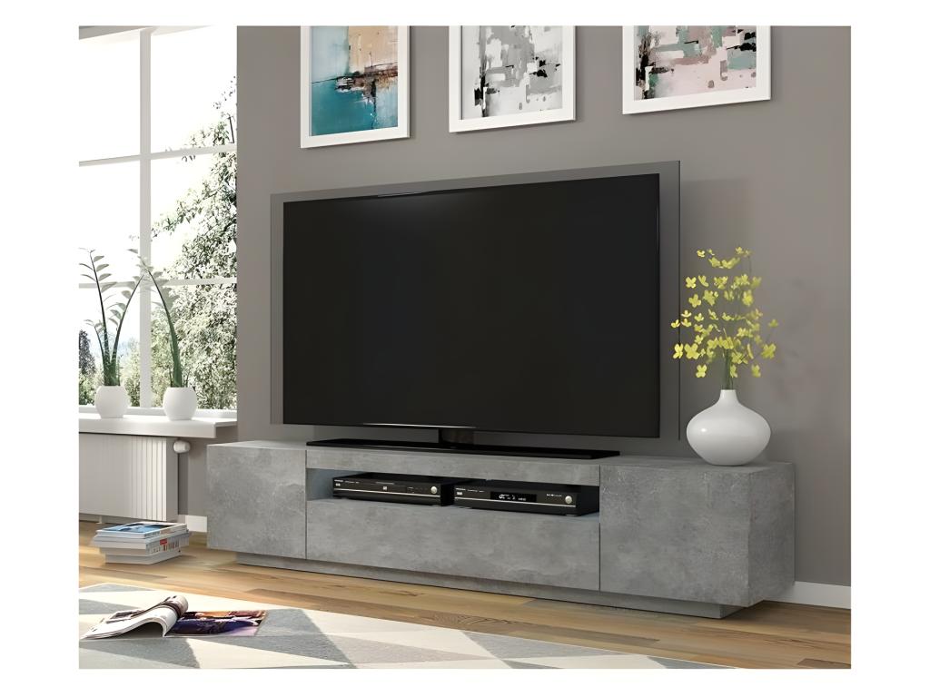 Aura 200cm Universal Low TV Unit, Wall or Floor Standing, Concrete Finish with LED Lighting FXUJ80065