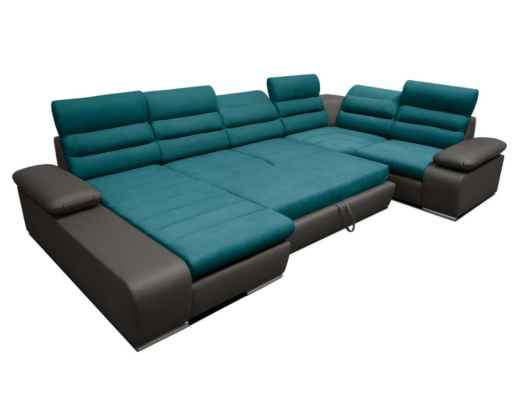 Dormeva panoramic corner sofa bed in fabric and faux leather - Two-tone turquoise/anthracite - Left-hand corner KZIQ96971
